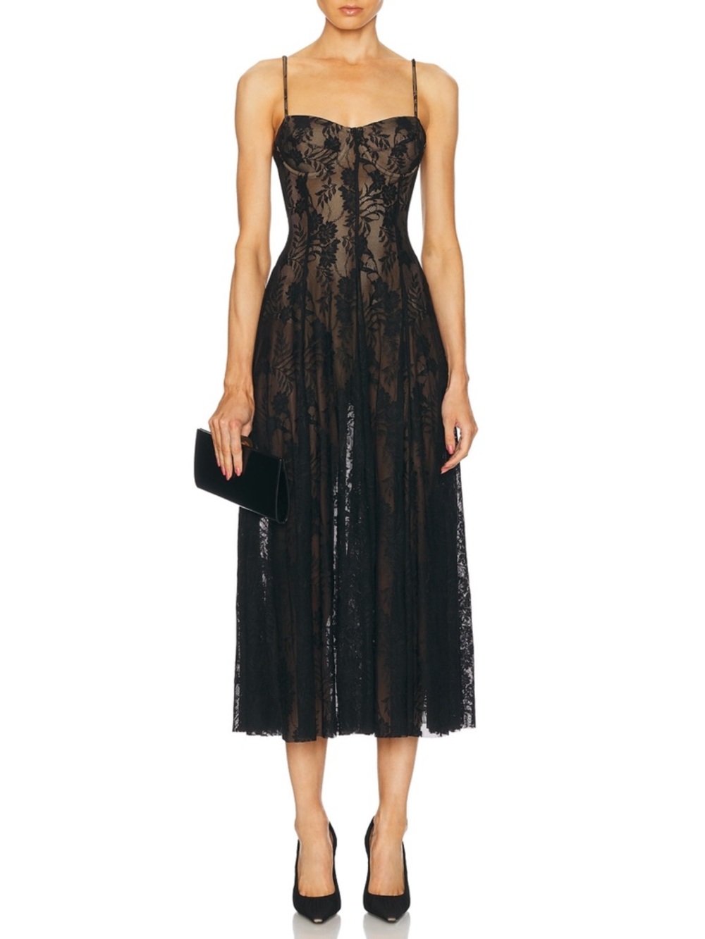 Norma Kamali Black Lace Midi Dress with Spaghetti Straps